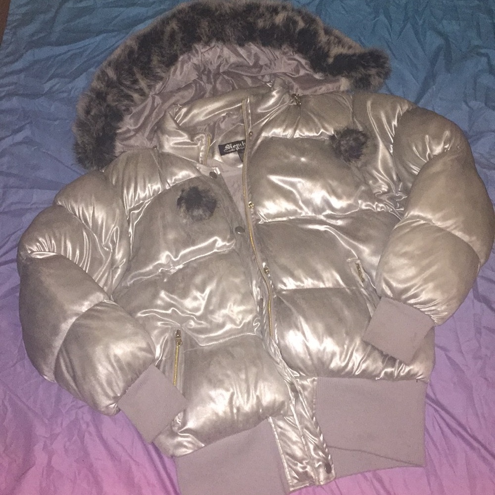 Silver Metallic Pleather Puffer Coat